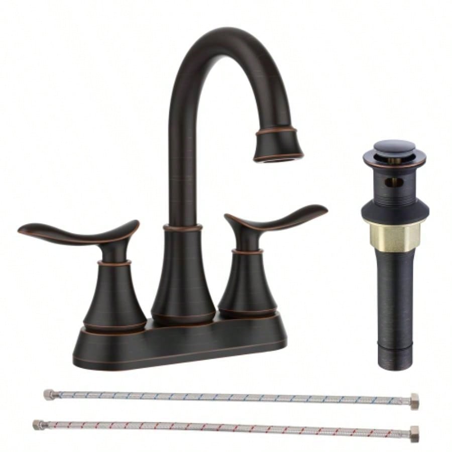 2 - Handle 4 - Inch Oil Rubbed Bronze Bathroom Faucet, Bathroom Vanity Sink Faucets with - up Drain and Supply Hoses
