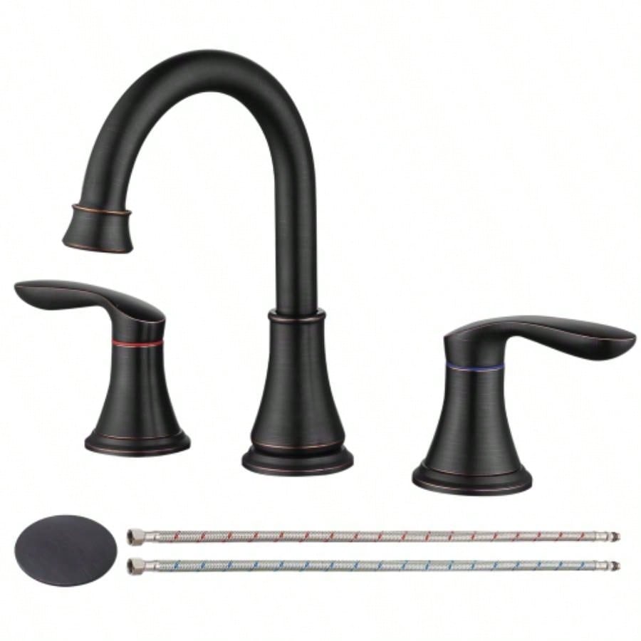 2 - Handle 8 inch Widespread Bathroom Sink Faucet Oil - Rubbed Bronze Lavatory Faucet 3 Hole 360 Swivel Spout Vanity Sink Basin Faucets with Up Drain Assembly and cUPC Supply Hoses