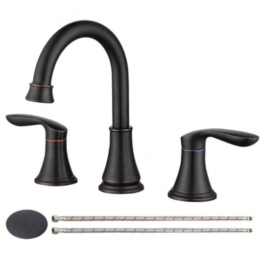 2 - Handle 8 inch Widespread Bathroom Sink Faucet Oil - Rubbed Bronze Lavatory Faucet 3 Hole 360 Swivel Spout Vanity Sink Basin Faucets with Up Drain Assembly and cUPC Supply Hoses