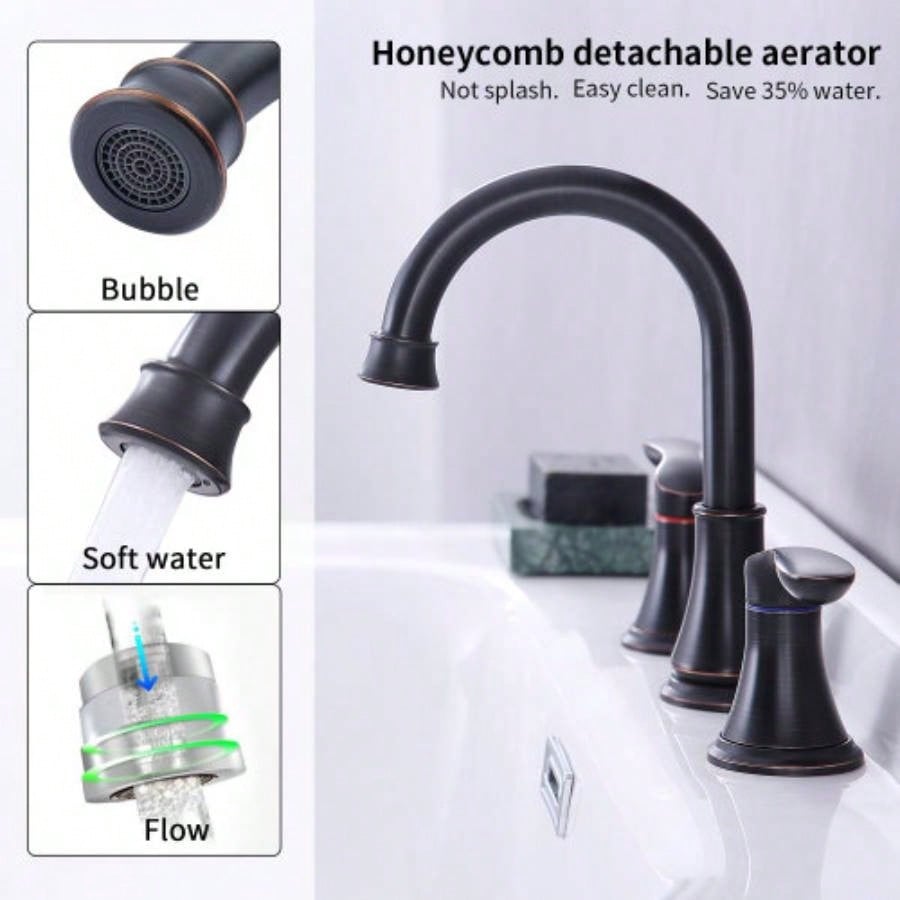 2 - Handle 8 inch Widespread Bathroom Sink Faucet Oil - Rubbed Bronze Lavatory Faucet 3 Hole 360 Swivel Spout Vanity Sink Basin Faucets with Up Drain Assembly and cUPC Supply Hoses