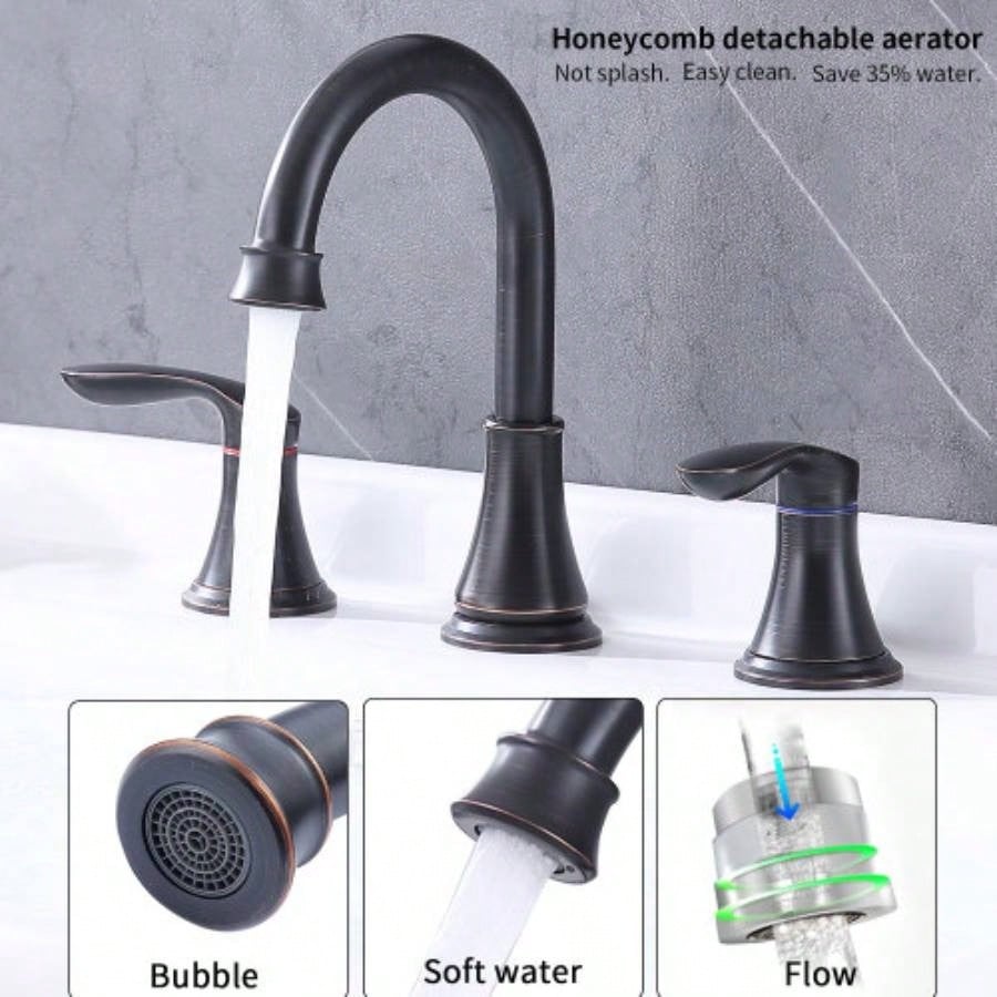 2 - Handle 8 inch Widespread Bathroom Sink Faucet Oil - Rubbed Bronze Lavatory Faucet 3 Hole 360 Swivel Spout Vanity Sink Basin Faucets with Up Drain Assembly and cUPC Supply Hoses