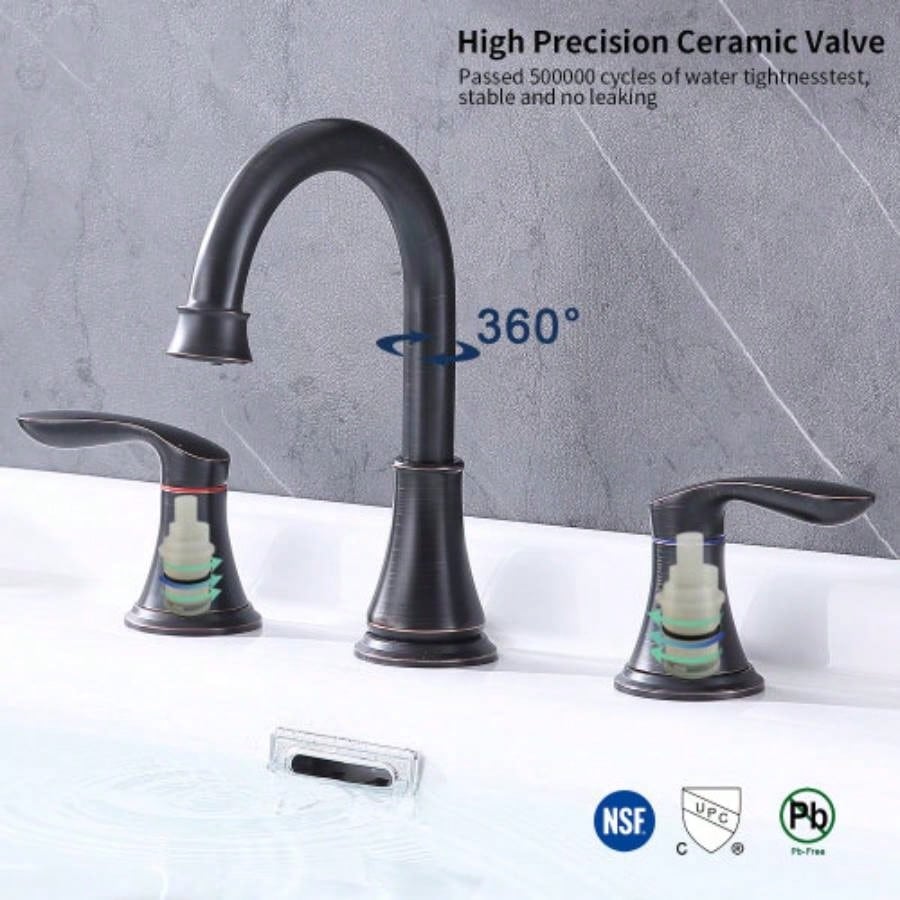 2 - Handle 8 inch Widespread Bathroom Sink Faucet Oil - Rubbed Bronze Lavatory Faucet 3 Hole 360 Swivel Spout Vanity Sink Basin Faucets with Up Drain Assembly and cUPC Supply Hoses