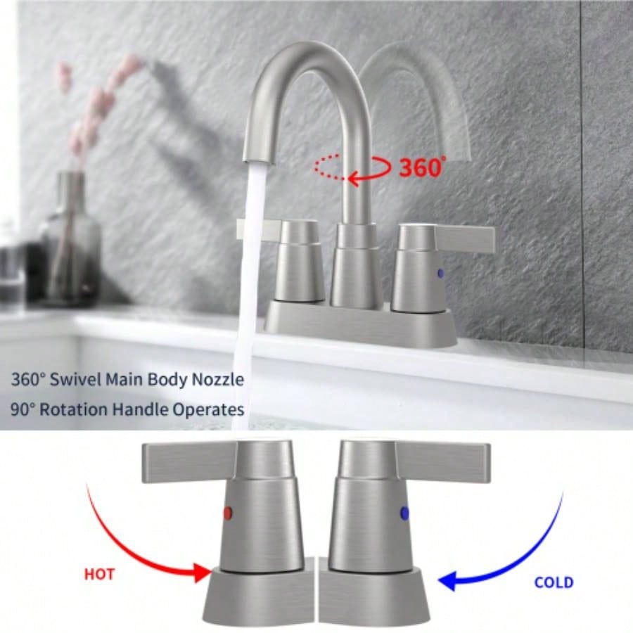Bathroom Faucet Brushed Nickel 2 - Handle Bathroom Sink Faucet 360 Degree High Swivel Spout Centerset 4 Inch Vanity Faucet RV Bathroom Faucet 3 Holes Lavatory Faucet