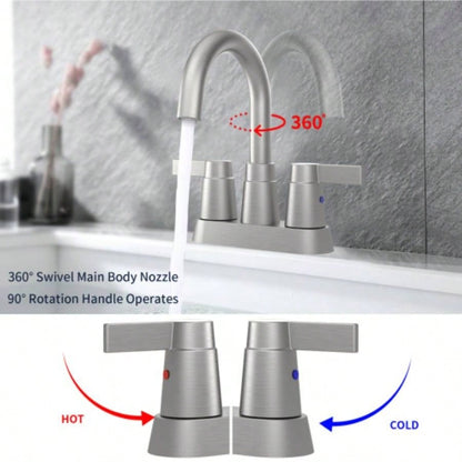Bathroom Faucet Brushed Nickel 2 - Handle Bathroom Sink Faucet 360 Degree High Swivel Spout Centerset 4 Inch Vanity Faucet RV Bathroom Faucet 3 Holes Lavatory Faucet