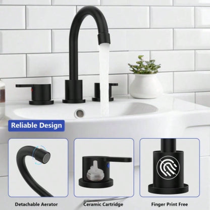 Widespread Bathroom Sink Faucet Matte Black 2 Handle 8 inch Lavatory Faucet 3 Hole 360 Swivel Spout Vanity Sink Basin Faucets with Up Drain Assembly