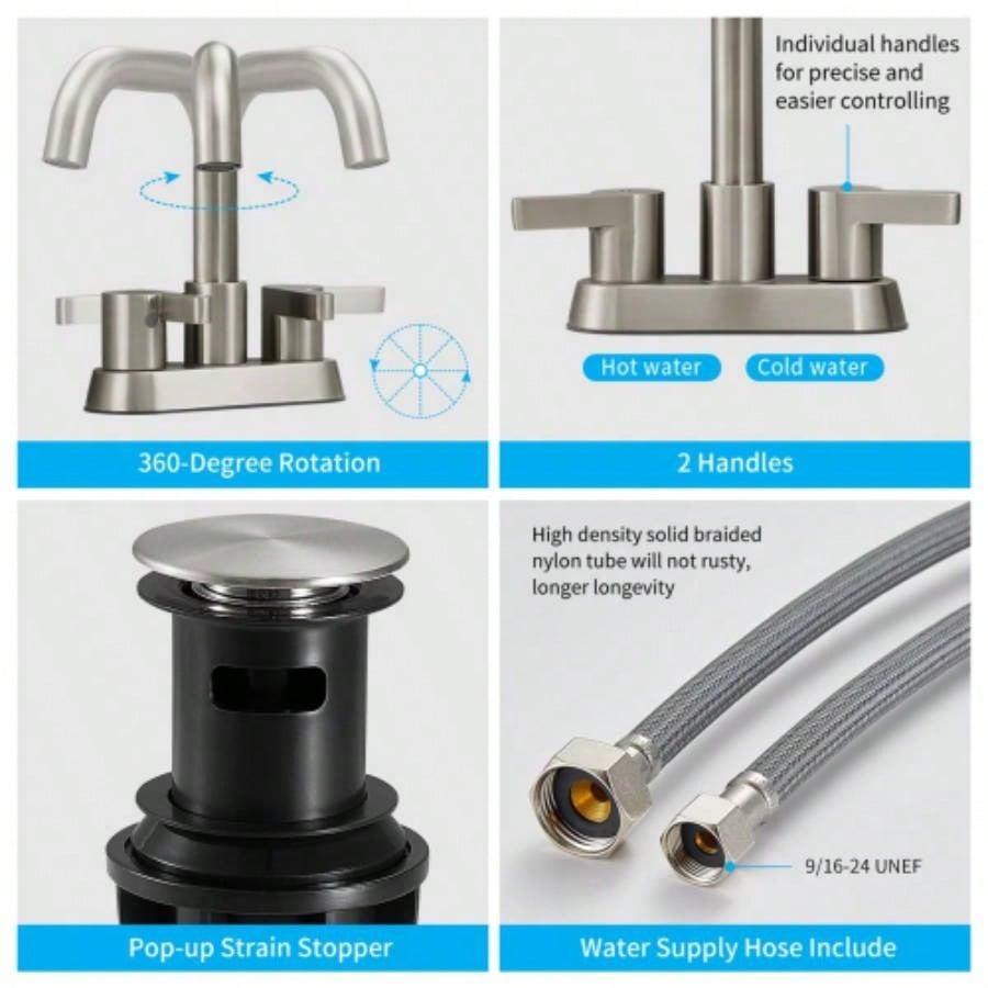 Bathroom Faucet 2 Handle 4 Inch Centerset Bathroom Sink Faucets 3 Hole with Up Drain and Supply Lines, Brushed Nickel