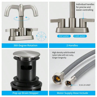 Bathroom Faucet 2 Handle 4 Inch Centerset Bathroom Sink Faucets 3 Hole with Up Drain and Supply Lines, Brushed Nickel
