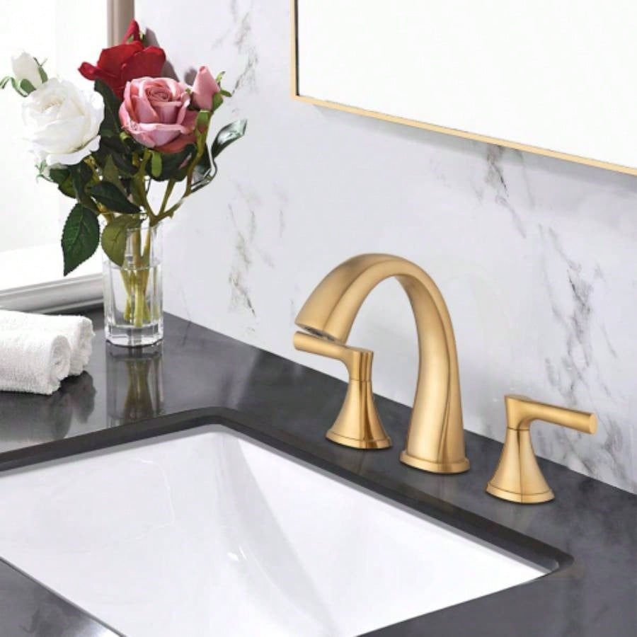 Widespread Bathroom Sink Faucets Two Handle 3 Hole Vanity Bath Faucet with Drain Assembly Brushed Golden