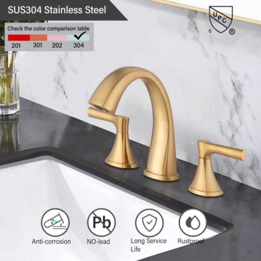 Widespread Bathroom Sink Faucets Two Handle 3 Hole Vanity Bath Faucet with Drain Assembly Brushed Golden
