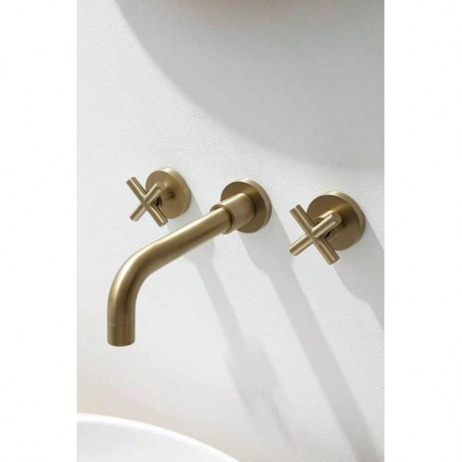 Double Handle Wall Mount Bathroom Faucet Brushed Gold