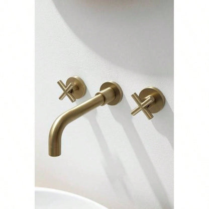 Double Handle Wall Mount Bathroom Faucet Brushed Gold