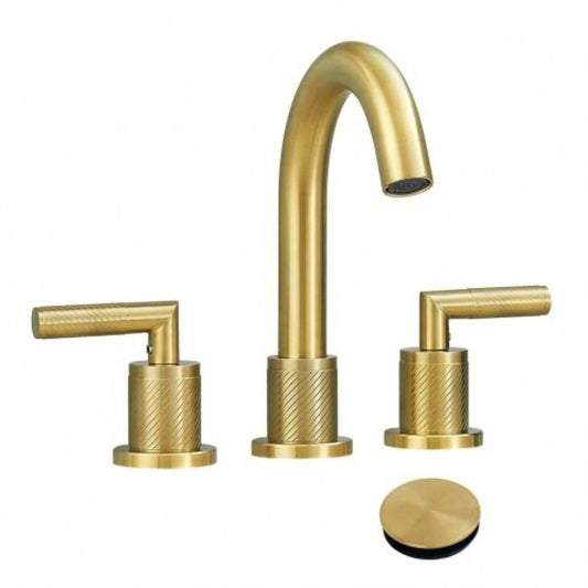 Gold Bathroom Faucet 2 Handle 8 Inch Bathroom Sink Faucets Stainless Steel 3 Hole Widespread with Up Drain and Supply Hoses, Brushed Gold