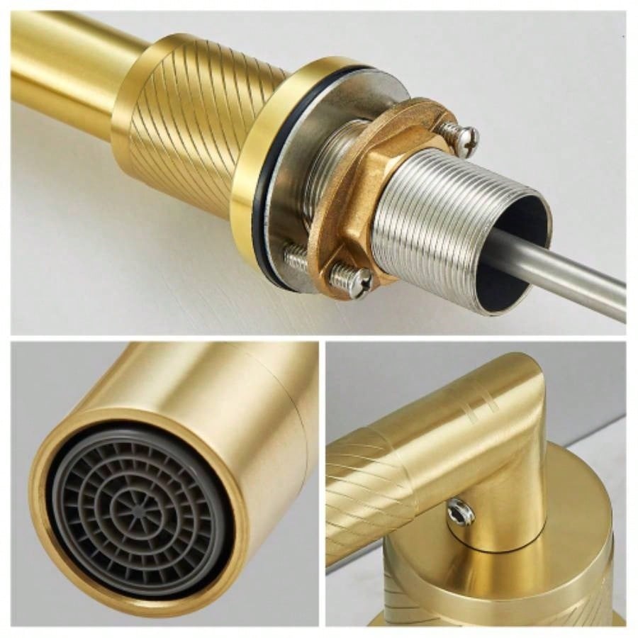 Gold Bathroom Faucet 2 Handle 8 Inch Bathroom Sink Faucets Stainless Steel 3 Hole Widespread with Up Drain and Supply Hoses, Brushed Gold