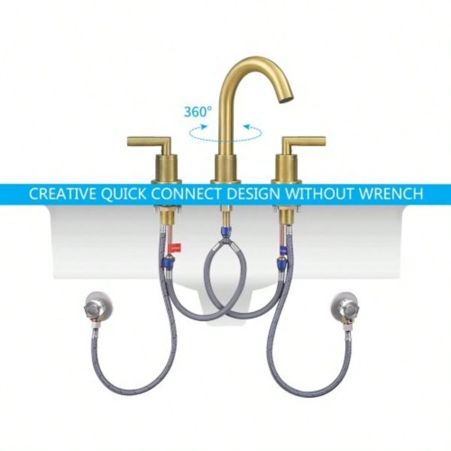 Gold Bathroom Faucet 2 Handle 8 Inch Bathroom Sink Faucets Stainless Steel 3 Hole Widespread with Up Drain and Supply Hoses, Brushed Gold