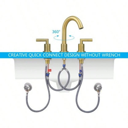 Gold Bathroom Faucet 2 Handle 8 Inch Bathroom Sink Faucets Stainless Steel 3 Hole Widespread with Up Drain and Supply Hoses, Brushed Gold