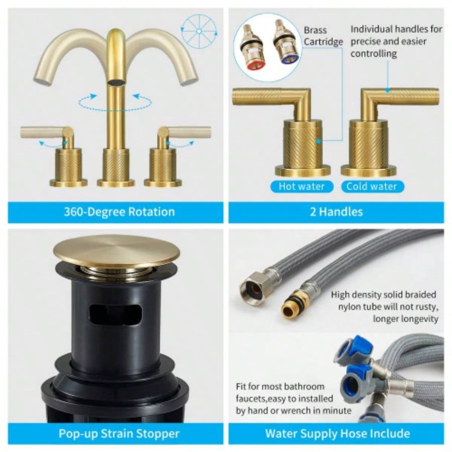 Gold Bathroom Faucet 2 Handle 8 Inch Bathroom Sink Faucets Stainless Steel 3 Hole Widespread with Up Drain and Supply Hoses, Brushed Gold