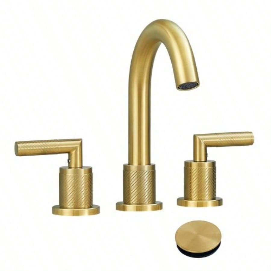 Gold Bathroom Faucet 2 Handle 8 Inch Bathroom Sink Faucets Stainless Steel 3 Hole Widespread with Up Drain and Supply Hoses, Brushed Gold