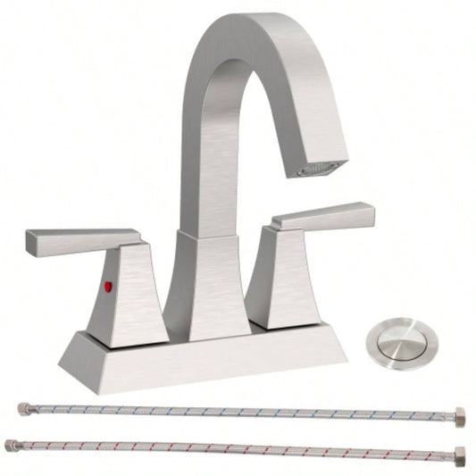 Bathroom Sink Faucet Brushed Nickel 2 - Handle 4 Inch Center - Set Bathroom Sink Faucet, Sink Drain with Overflow Hole and 2 Supply Lines Included, Modern Vanity Basin Faucet