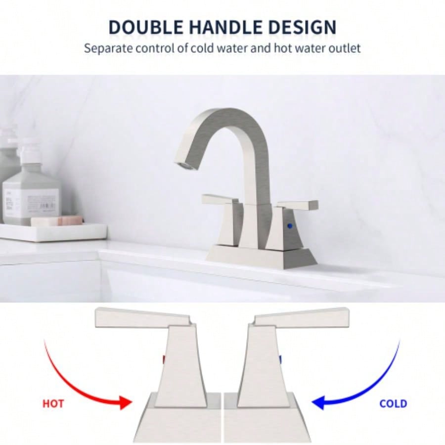 Bathroom Sink Faucet Brushed Nickel 2 - Handle 4 Inch Center - Set Bathroom Sink Faucet, Sink Drain with Overflow Hole and 2 Supply Lines Included, Modern Vanity Basin Faucet
