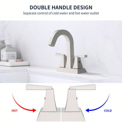 Bathroom Sink Faucet Brushed Nickel 2 - Handle 4 Inch Center - Set Bathroom Sink Faucet, Sink Drain with Overflow Hole and 2 Supply Lines Included, Modern Vanity Basin Faucet