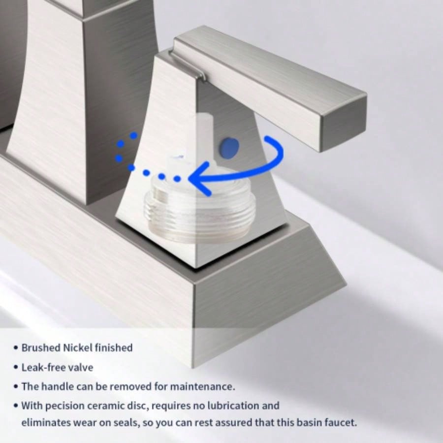 Bathroom Sink Faucet Brushed Nickel 2 - Handle 4 Inch Center - Set Bathroom Sink Faucet, Sink Drain with Overflow Hole and 2 Supply Lines Included, Modern Vanity Basin Faucet