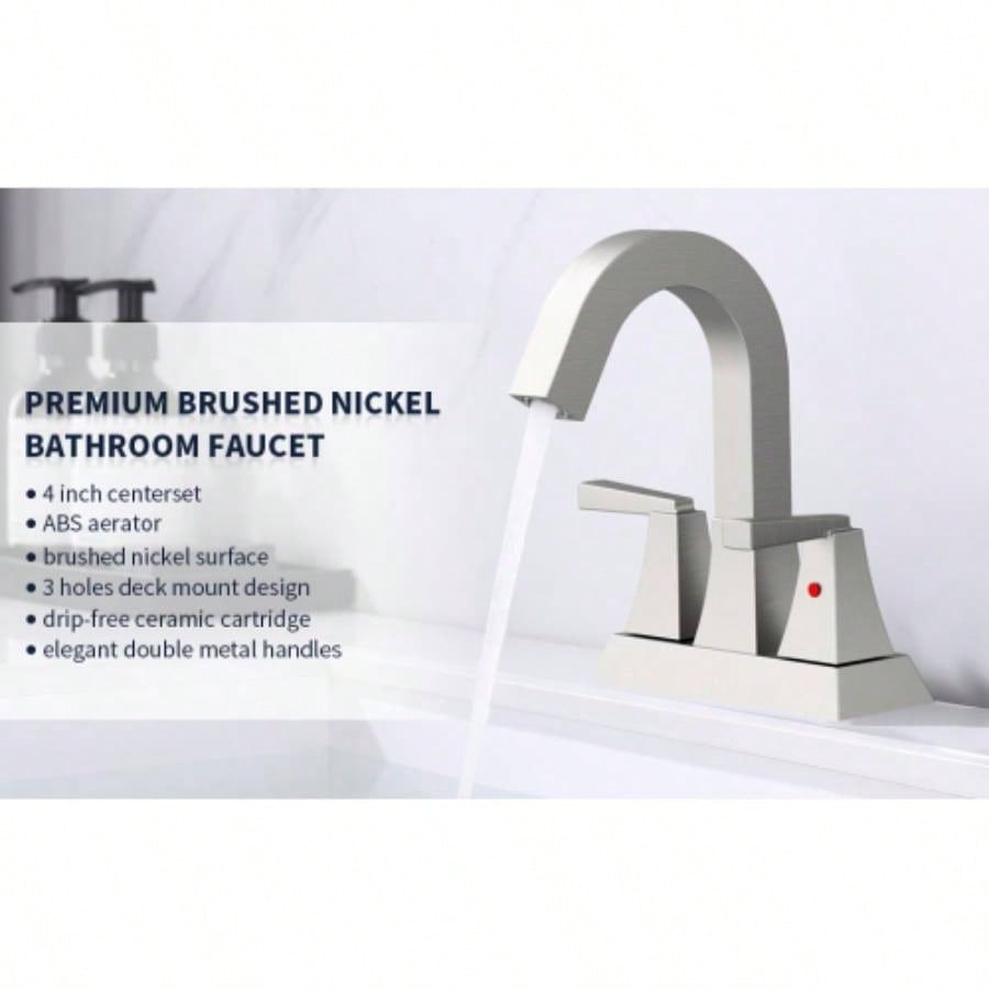 Bathroom Sink Faucet Brushed Nickel 2 - Handle 4 Inch Center - Set Bathroom Sink Faucet, Sink Drain with Overflow Hole and 2 Supply Lines Included, Modern Vanity Basin Faucet
