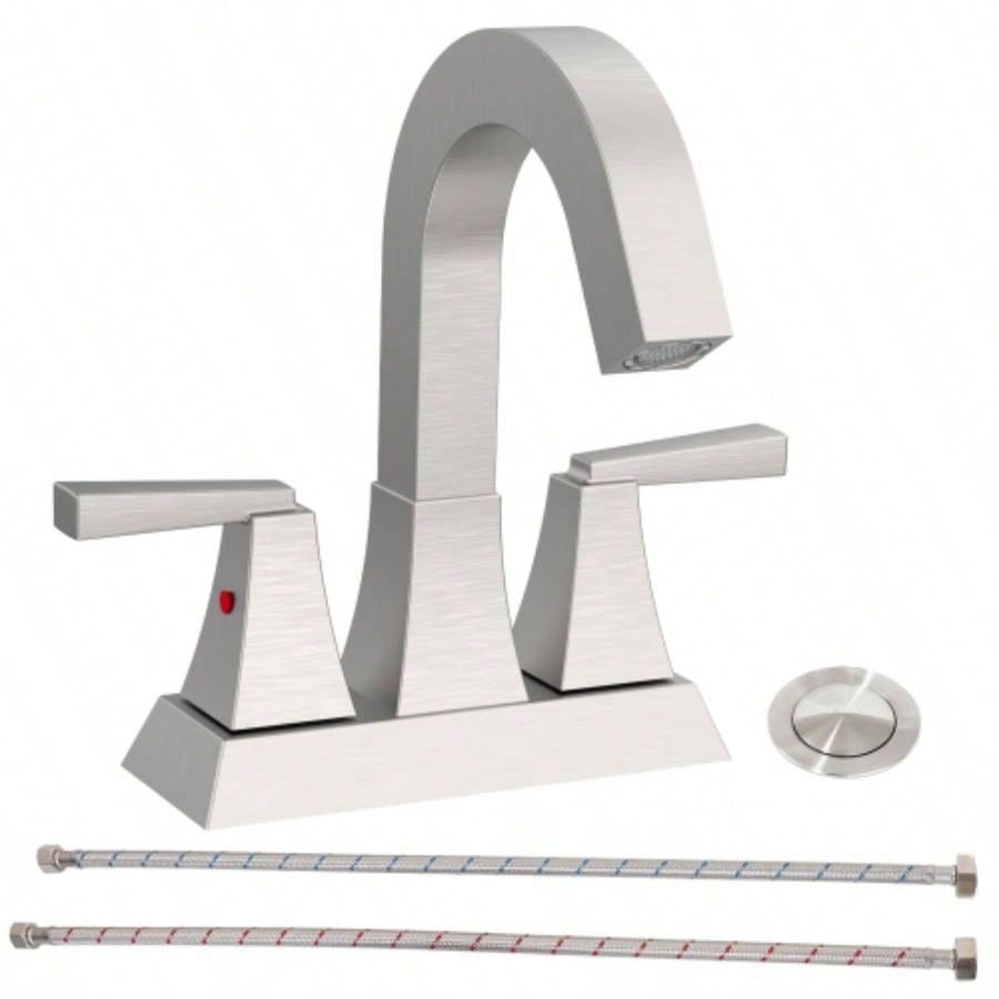 Bathroom Sink Faucet Brushed Nickel 2 - Handle 4 Inch Center - Set Bathroom Sink Faucet, Sink Drain with Overflow Hole and 2 Supply Lines Included, Modern Vanity Basin Faucet