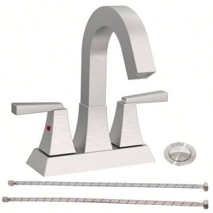 Bathroom Sink Faucet Brushed Nickel 2 - Handle 4 Inch Center - Set Bathroom Sink Faucet, Sink Drain with Overflow Hole and 2 Supply Lines Included, Modern Vanity Basin Faucet