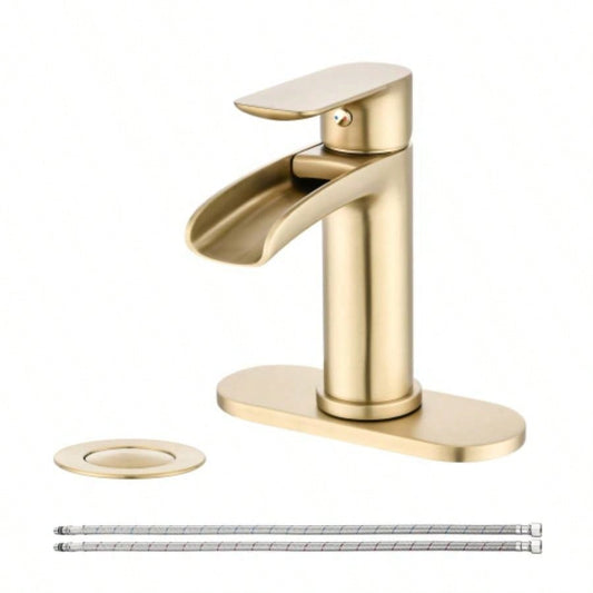 Waterfall Bathroom Faucet Single Handle Bathroom Sink Faucets 1 or 3 Hole Solid Vanity Faucet with Deck Plate Overflow Up Drain Brushed Nickel
