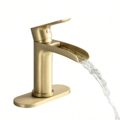 Waterfall Bathroom Faucet Single Handle Bathroom Sink Faucets 1 or 3 Hole Solid Vanity Faucet with Deck Plate Overflow Up Drain Brushed Nickel