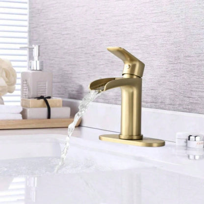 Waterfall Bathroom Faucet Single Handle Bathroom Sink Faucets 1 or 3 Hole Solid Vanity Faucet with Deck Plate Overflow Up Drain Brushed Nickel