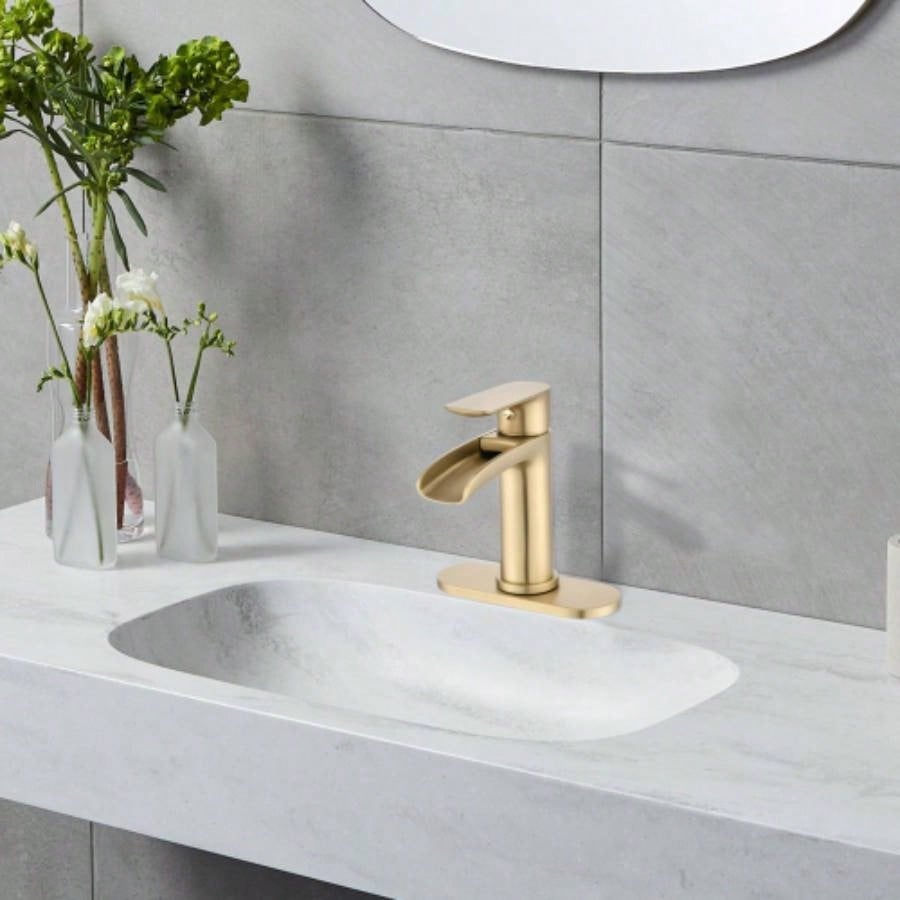 Waterfall Bathroom Faucet Single Handle Bathroom Sink Faucets 1 or 3 Hole Solid Vanity Faucet with Deck Plate Overflow Up Drain Brushed Nickel