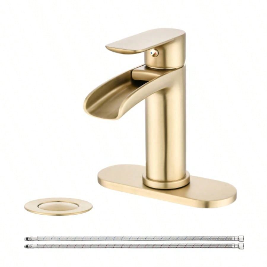 Waterfall Bathroom Faucet Single Handle Bathroom Sink Faucets 1 or 3 Hole Solid Vanity Faucet with Deck Plate Overflow Up Drain Brushed Nickel