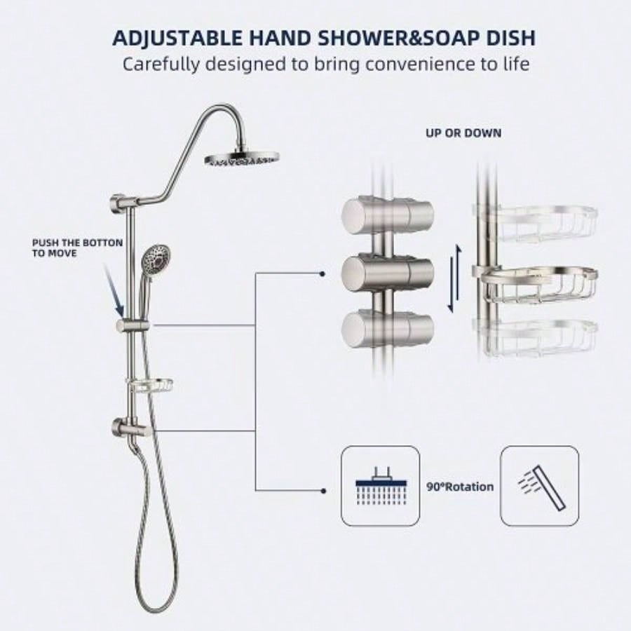 Shower System with Rain Showerhead, 5 - Function Hand Shower, Adjustable Slide Bar and Soap Dish Bathroom Shower Faucet Set, Brushed Nickel