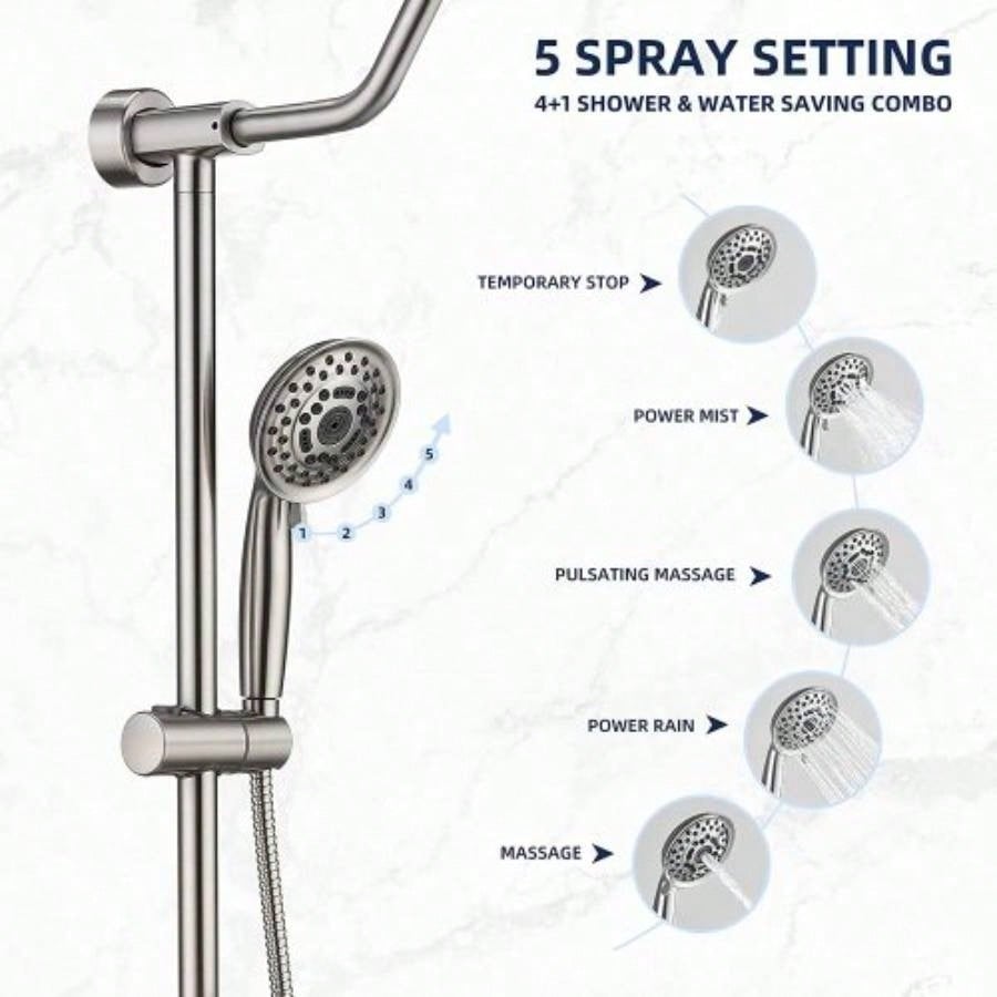 Shower System with Rain Showerhead, 5 - Function Hand Shower, Adjustable Slide Bar and Soap Dish Bathroom Shower Faucet Set, Brushed Nickel