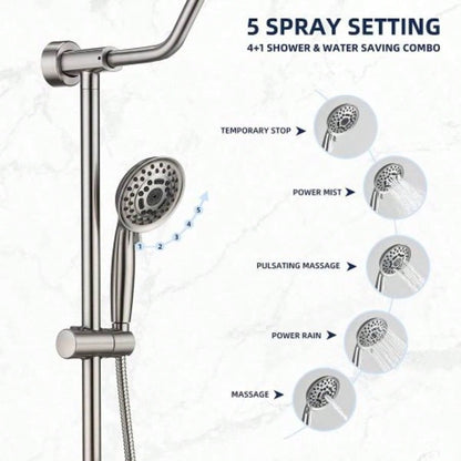Shower System with Rain Showerhead, 5 - Function Hand Shower, Adjustable Slide Bar and Soap Dish Bathroom Shower Faucet Set, Brushed Nickel