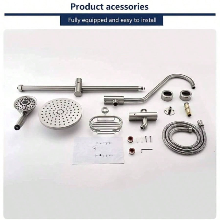 Shower System with Rain Showerhead, 5 - Function Hand Shower, Adjustable Slide Bar and Soap Dish Bathroom Shower Faucet Set, Brushed Nickel