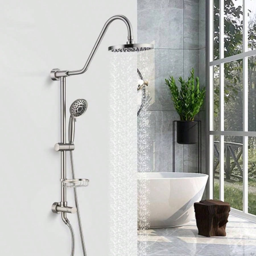 Shower System with Rain Showerhead, 5 - Function Hand Shower, Adjustable Slide Bar and Soap Dish Bathroom Shower Faucet Set, Brushed Nickel