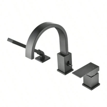 Waterfall Bathtub Faucet with Sprayer, 3 - Hole Roman Tub Filler with Hand Shower Deck Mount Waterfall Tub Spout Set