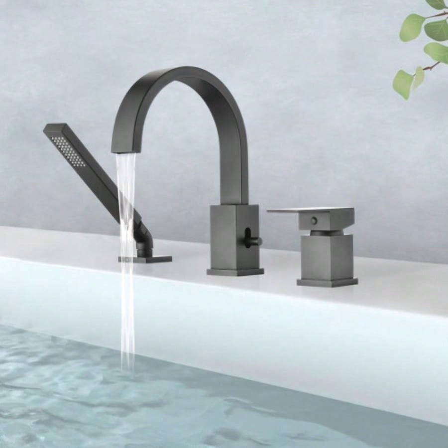 Waterfall Bathtub Faucet with Sprayer, 3 - Hole Roman Tub Filler with Hand Shower Deck Mount Waterfall Tub Spout Set
