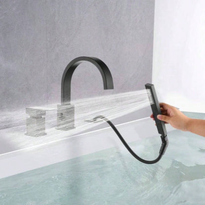 Waterfall Bathtub Faucet with Sprayer, 3 - Hole Roman Tub Filler with Hand Shower Deck Mount Waterfall Tub Spout Set