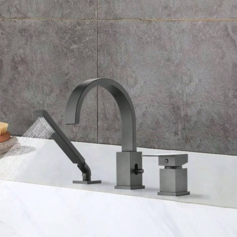 Waterfall Bathtub Faucet with Sprayer, 3 - Hole Roman Tub Filler with Hand Shower Deck Mount Waterfall Tub Spout Set