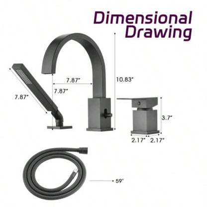 Waterfall Bathtub Faucet with Sprayer, 3 - Hole Roman Tub Filler with Hand Shower Deck Mount Waterfall Tub Spout Set