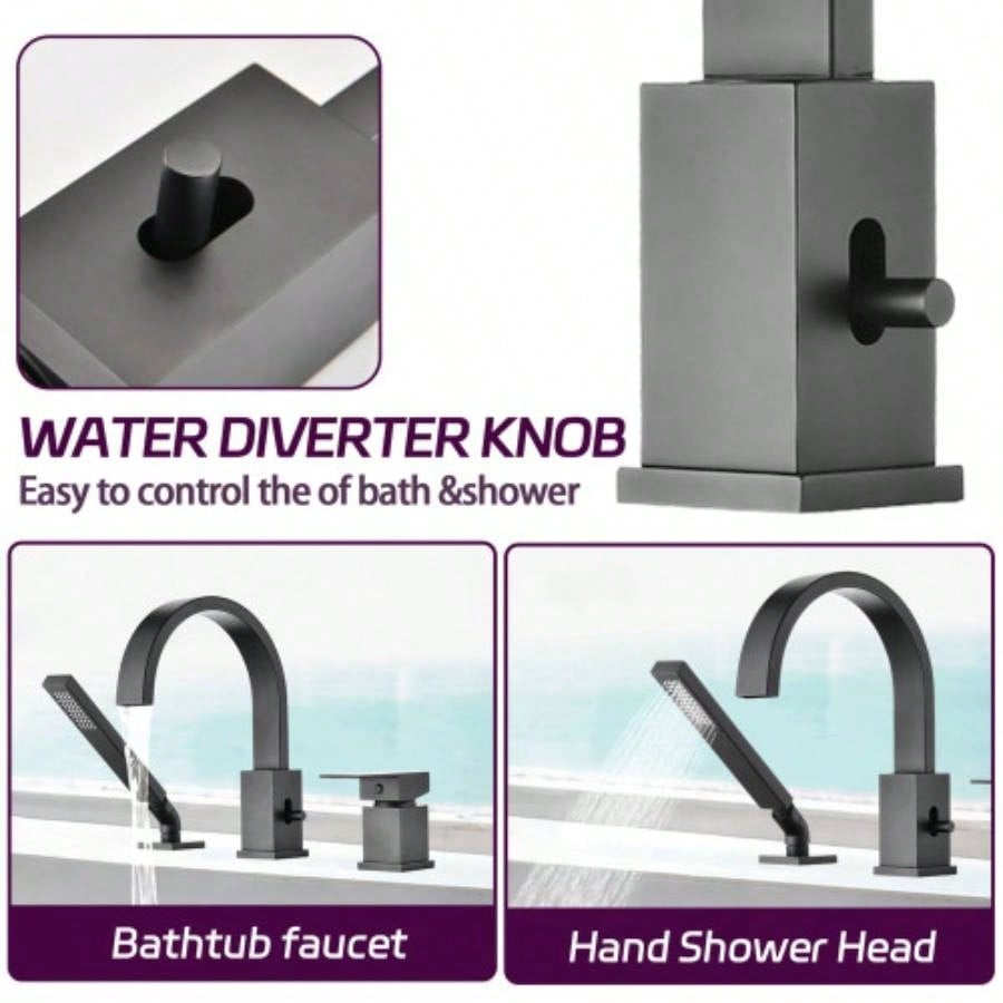 Waterfall Bathtub Faucet with Sprayer, 3 - Hole Roman Tub Filler with Hand Shower Deck Mount Waterfall Tub Spout Set