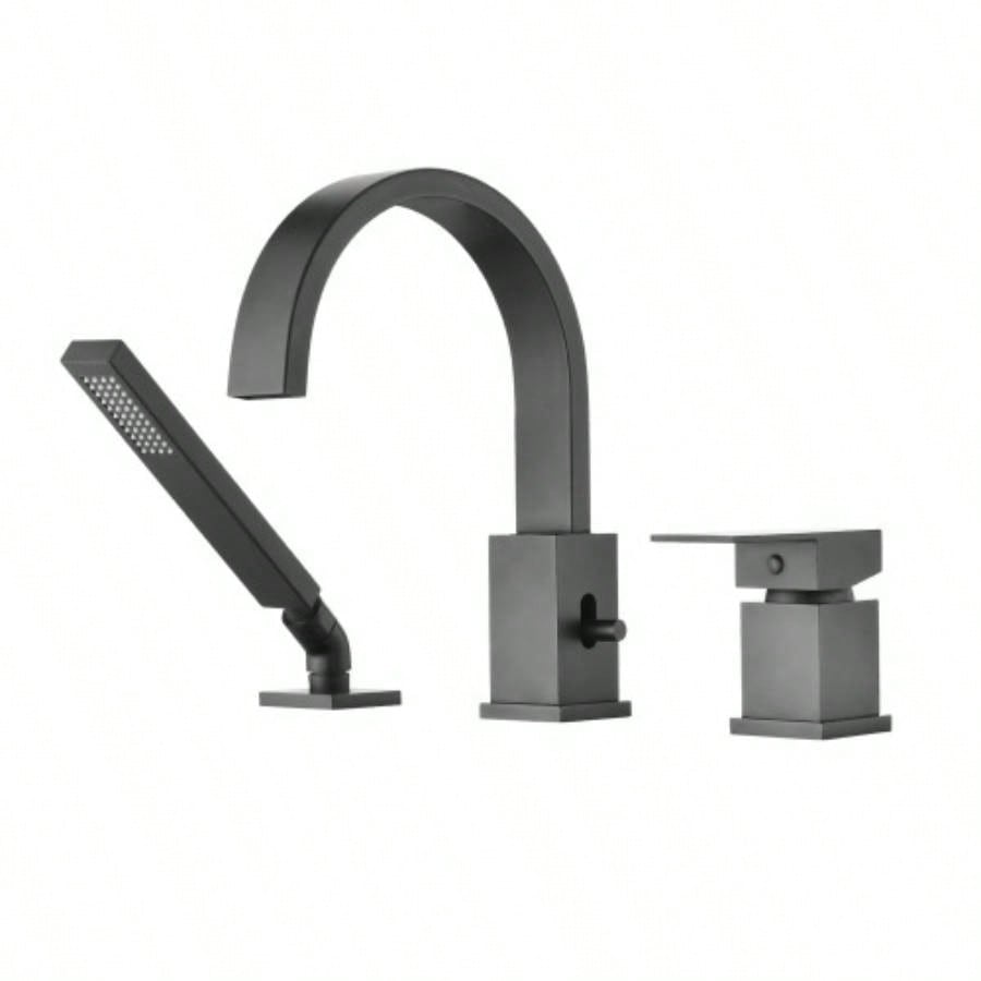 Waterfall Bathtub Faucet with Sprayer, 3 - Hole Roman Tub Filler with Hand Shower Deck Mount Waterfall Tub Spout Set