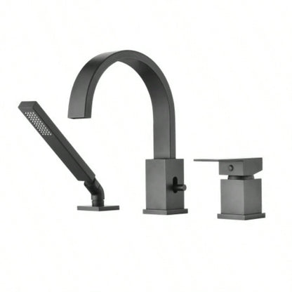 Waterfall Bathtub Faucet with Sprayer, 3 - Hole Roman Tub Filler with Hand Shower Deck Mount Waterfall Tub Spout Set