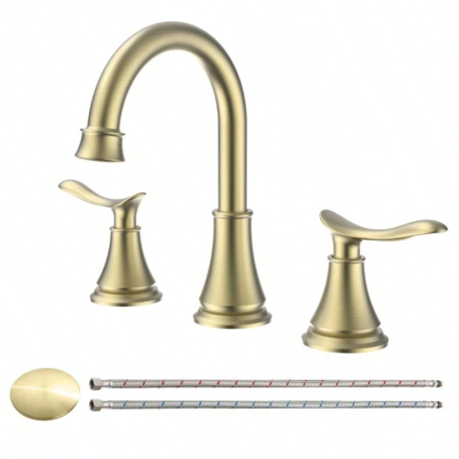 2 - Handle 8 inch Widespread Bathroom Sink Faucet Brushed Gold Lavatory Faucet 3 Hole 360 Swivel Spout Vanity Sink Basin Faucets 3007B - NA