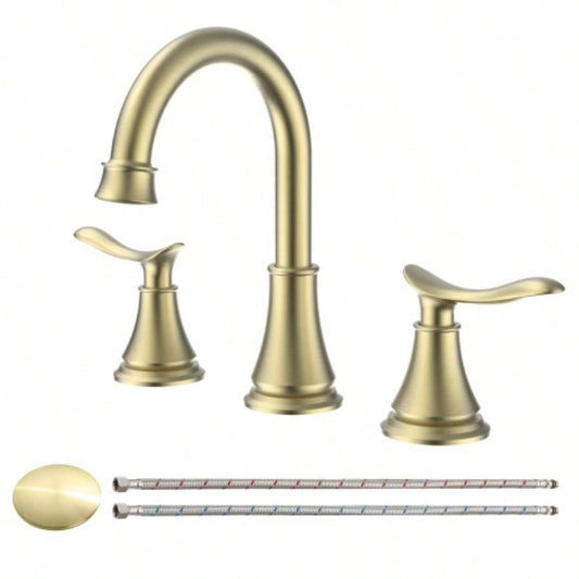2 - Handle 8 inch Widespread Bathroom Sink Faucet Brushed Gold Lavatory Faucet 3 Hole 360 Swivel Spout Vanity Sink Basin Faucets 3007B - NA
