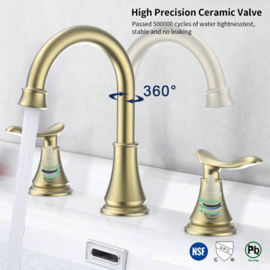 2 - Handle 8 inch Widespread Bathroom Sink Faucet Brushed Gold Lavatory Faucet 3 Hole 360 Swivel Spout Vanity Sink Basin Faucets 3007B - NA