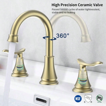 2 - Handle 8 inch Widespread Bathroom Sink Faucet Brushed Gold Lavatory Faucet 3 Hole 360 Swivel Spout Vanity Sink Basin Faucets 3007B - NA